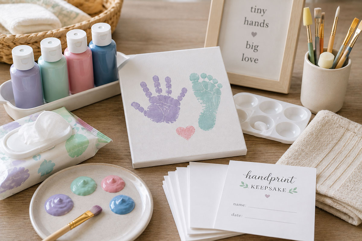 Prepared baby handprint craft station with washable finger paint, heavy paper, sponge, damp cloth and towel arranged on a protected table