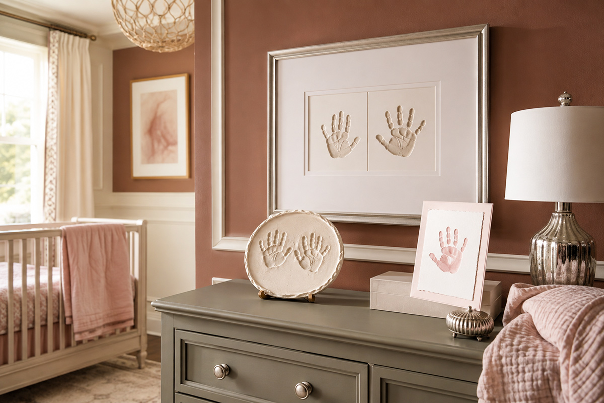 Framed baby handprint art, clay handprint plaque and handmade keepsake card displayed in an elegant nursery