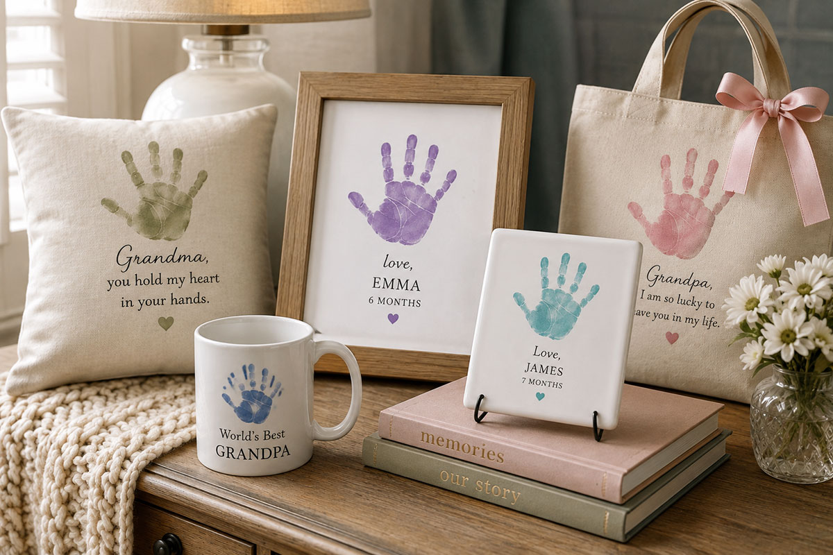Baby handprint gifts for grandparents including a framed print, mug, cushion, tote and keepsake plaque