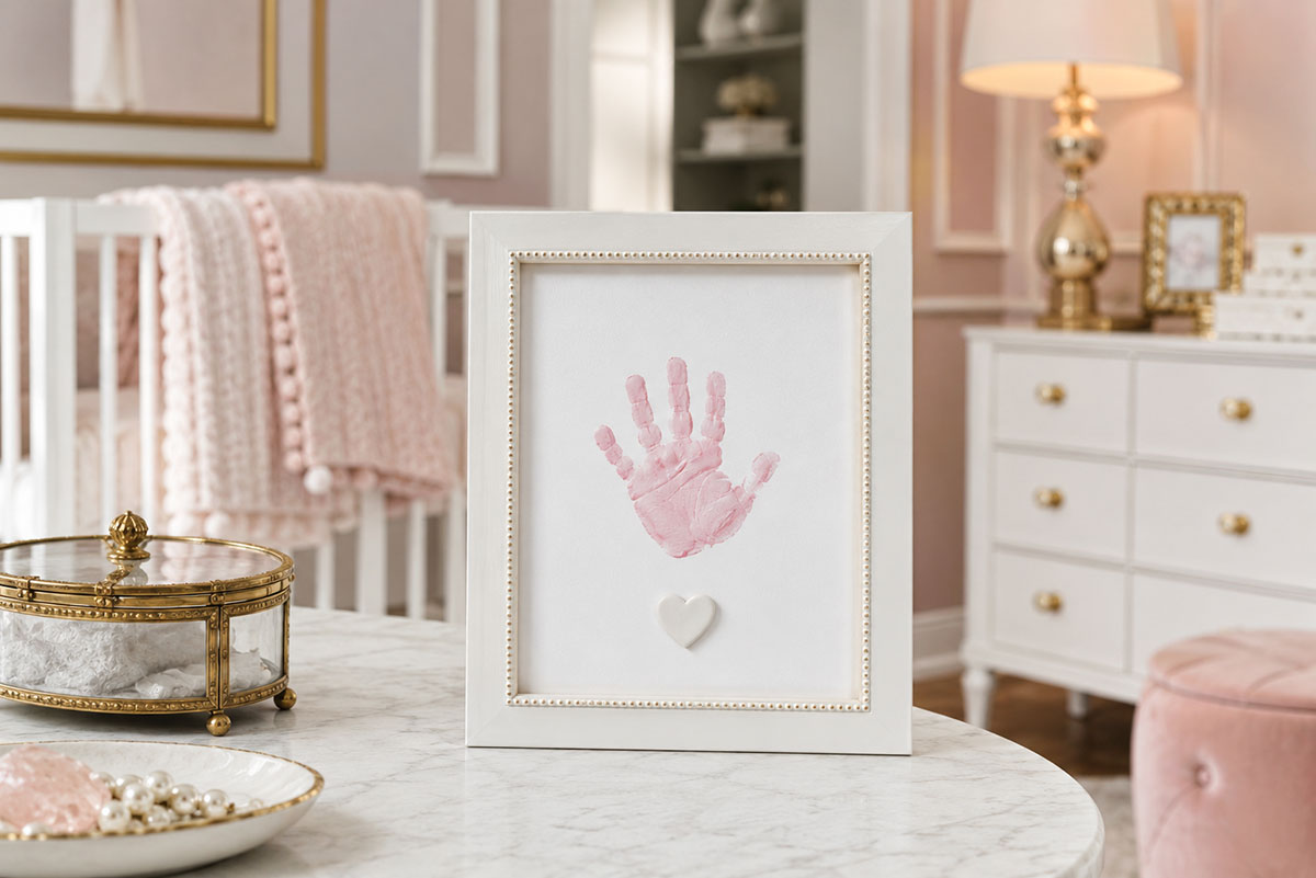 Minimal pink baby handprint keepsake in a white frame displayed on a marble table in an elegant nursery
