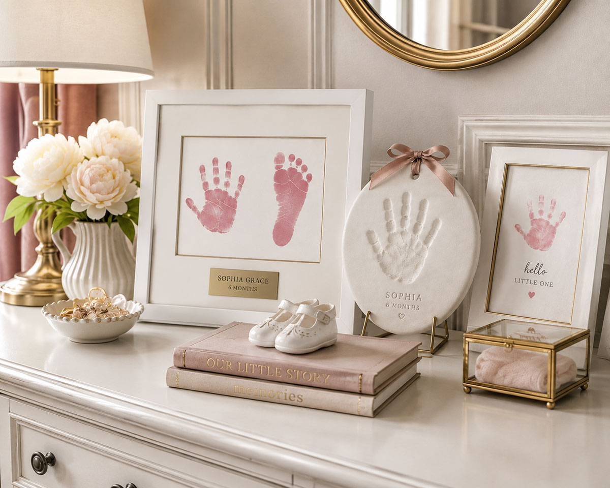 Framed handprint and footprint art, a clay handprint plaque and a small keepsake frame arranged on a nursery dresser