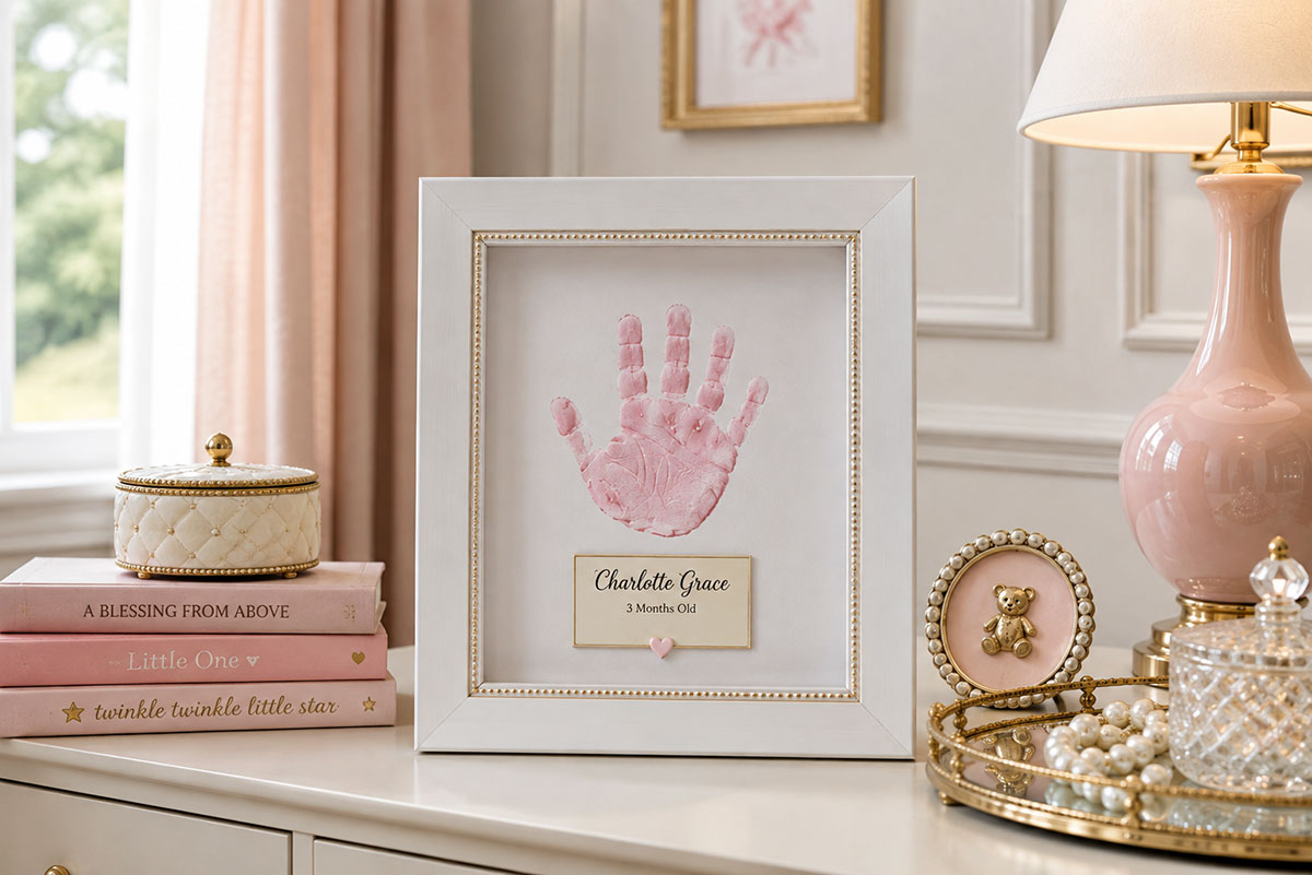 Framed baby handprint artwork with the baby's name, age and date displayed in a polished nursery