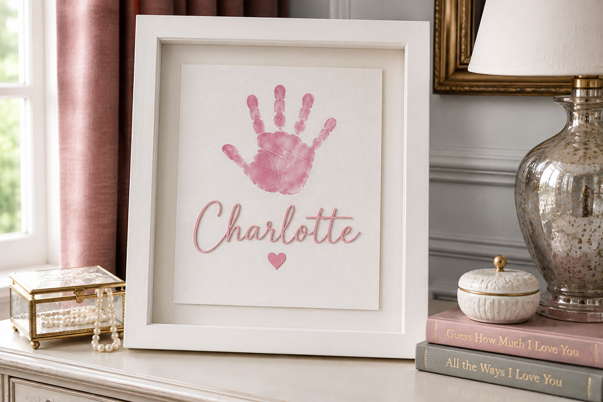 Pink baby handprint keepsake personalized with the name Charlotte