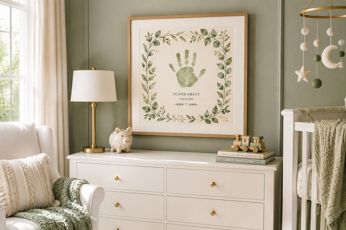 Framed green baby handprint art surrounded by painted leaves above a white nursery dresser beside a crib