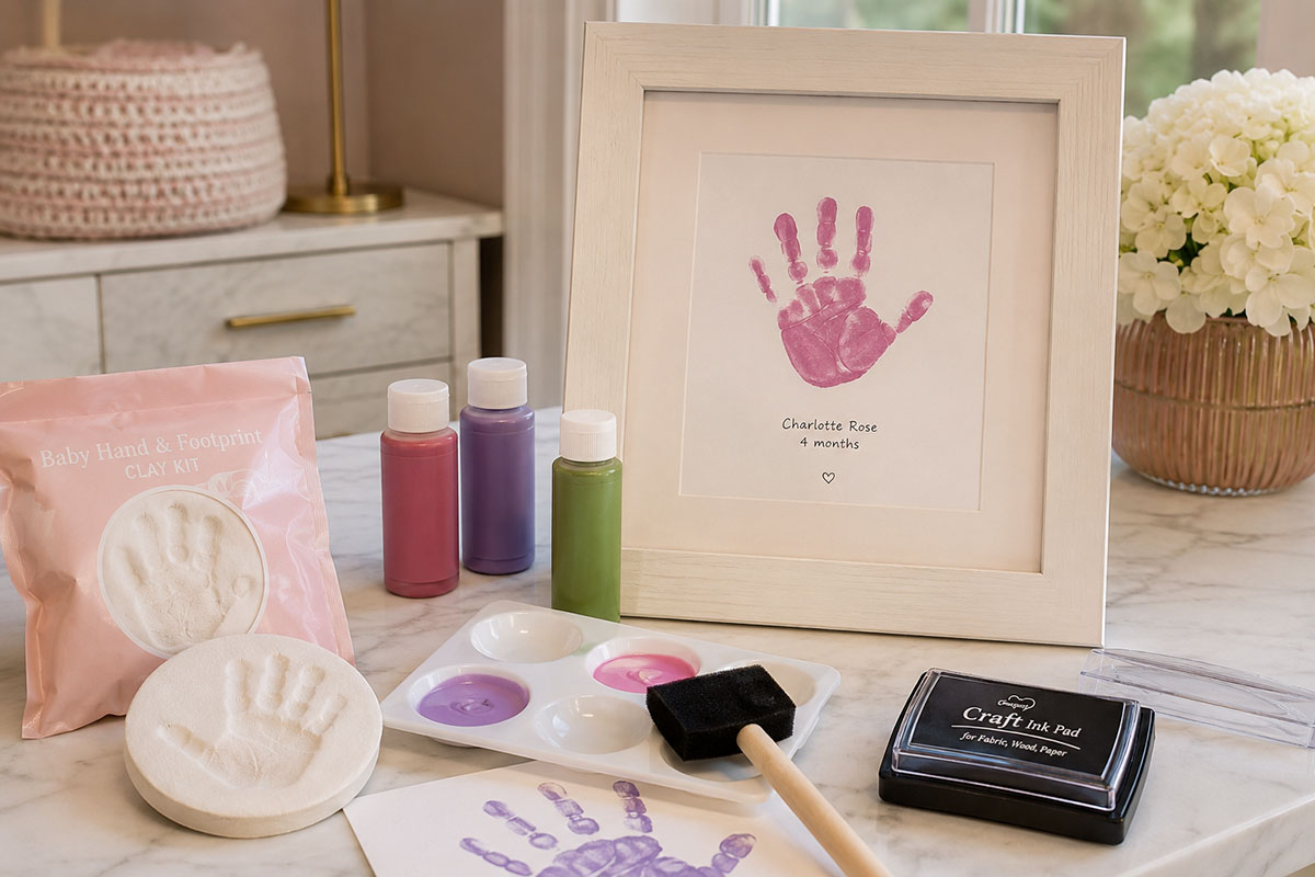 Washable paint, a baby handprint ink print and a clay handprint impression arranged as three keepsake options