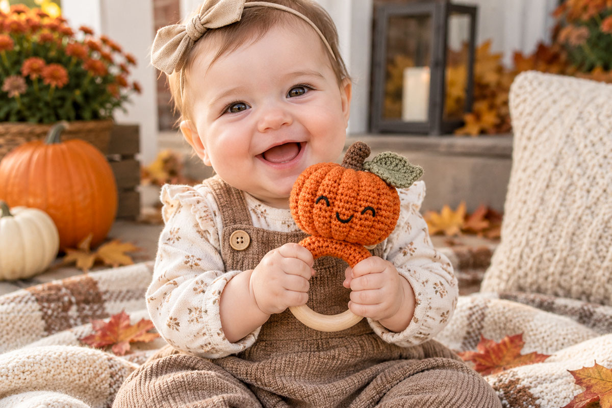 Baby holding a crochet pumpkin rattle with a wooden ring in a fall setting