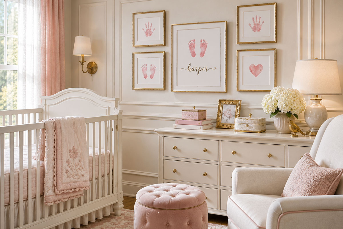 Framed baby handprint and footprint artwork arranged as tasteful nursery wall decor