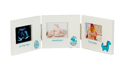 Triple baby ultrasound photo frame that holds three pictures from the first scan through baby's first year