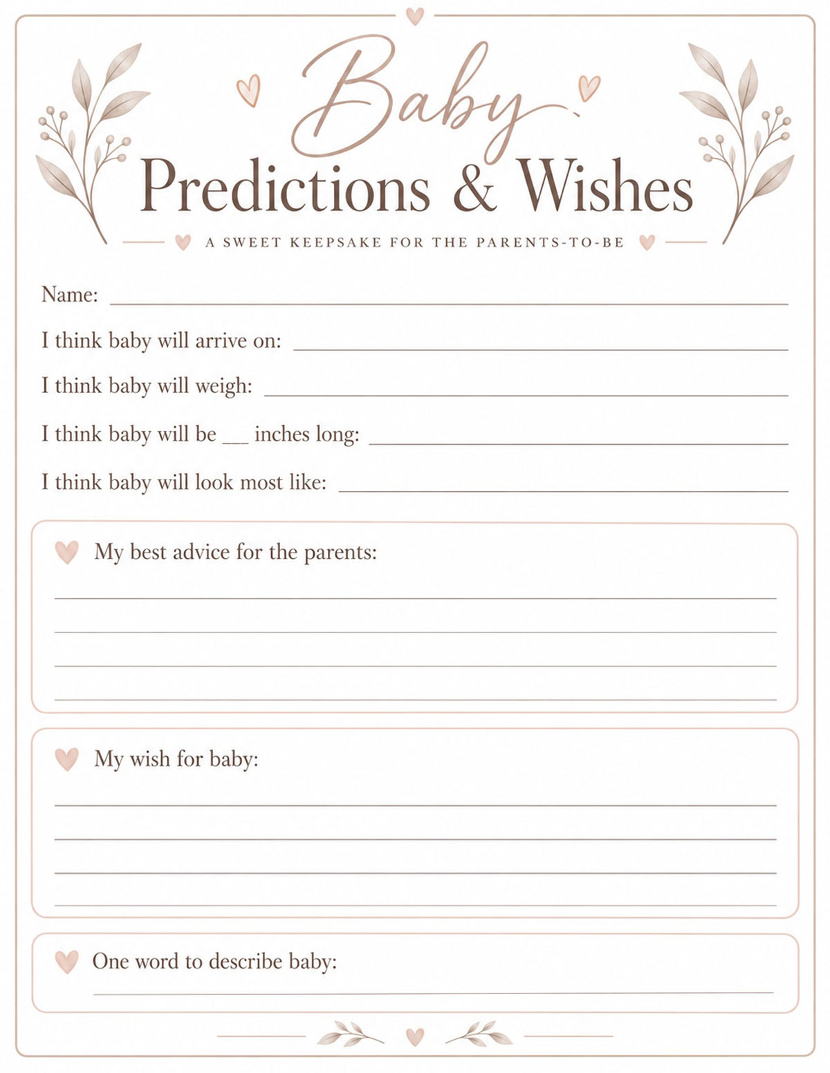 Free Baby Predictions and Wishes printable baby shower game with arrival predictions, advice for the parents and a wish for baby