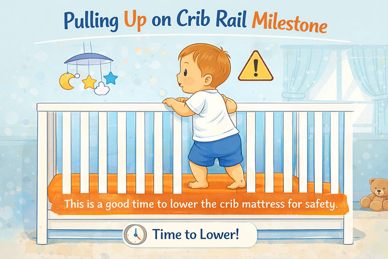Baby pulling up on crib rail showing the milestone that signals when to lower a crib mattress