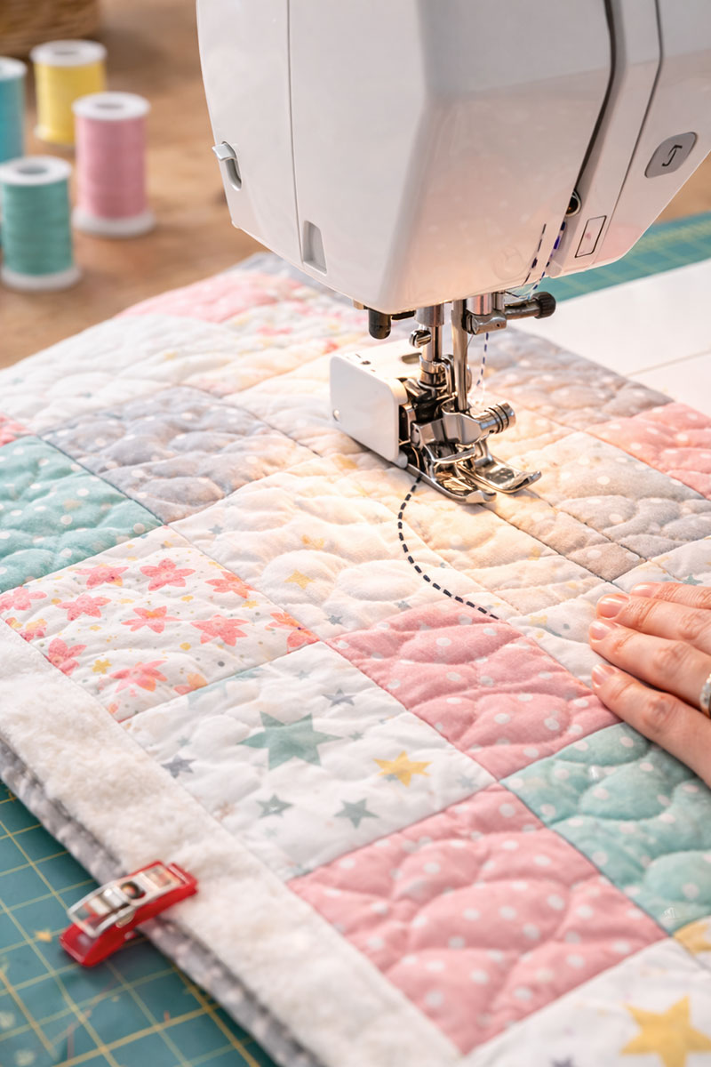 Walking foot attached to a home sewing machine while quilting a baby quilt