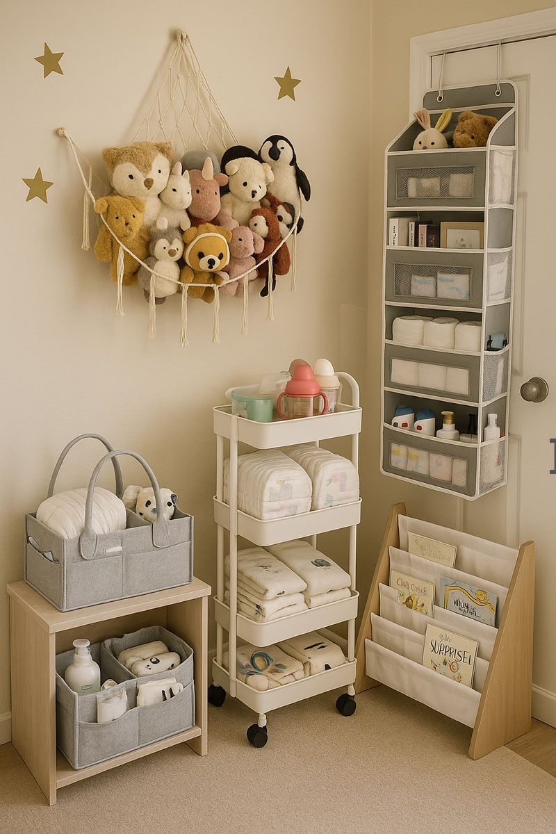 Baby room organization ideas showing a cozy nursery with a macramé toy hammock, rolling diaper caddy, felt organizers, and a book rack in warm neutral tones.