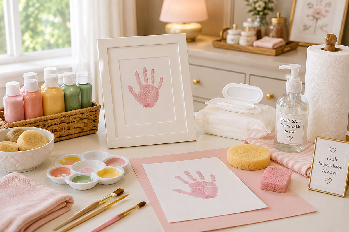 Organized baby handprint craft materials with paint, paper, sponges, wipes, soap and cleanup supplies on a protected table
