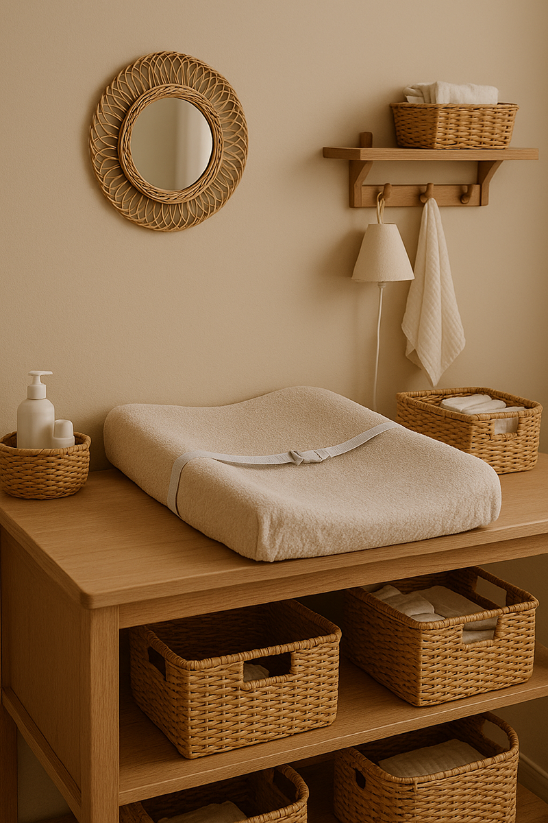 Warm neutral nursery changing station with a contoured safety changing pad, storage baskets, and easy to reach essentials for diaper changes
