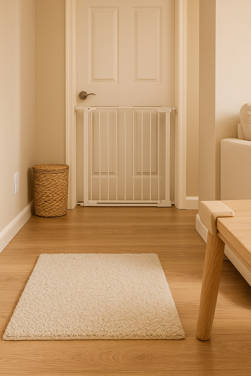 A warm, neutral hallway featuring a safety gate, rounded corner detailing, and coordinated décor elements that blend into the space.