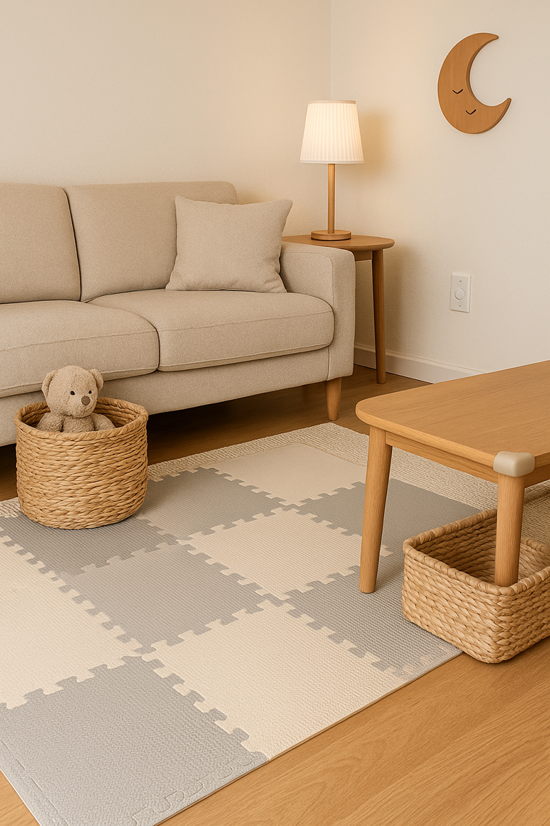 Cozy living room setup featuring a soft play mat, wall-anchored furniture, rounded furniture edges, and woven baskets used for toy storage
