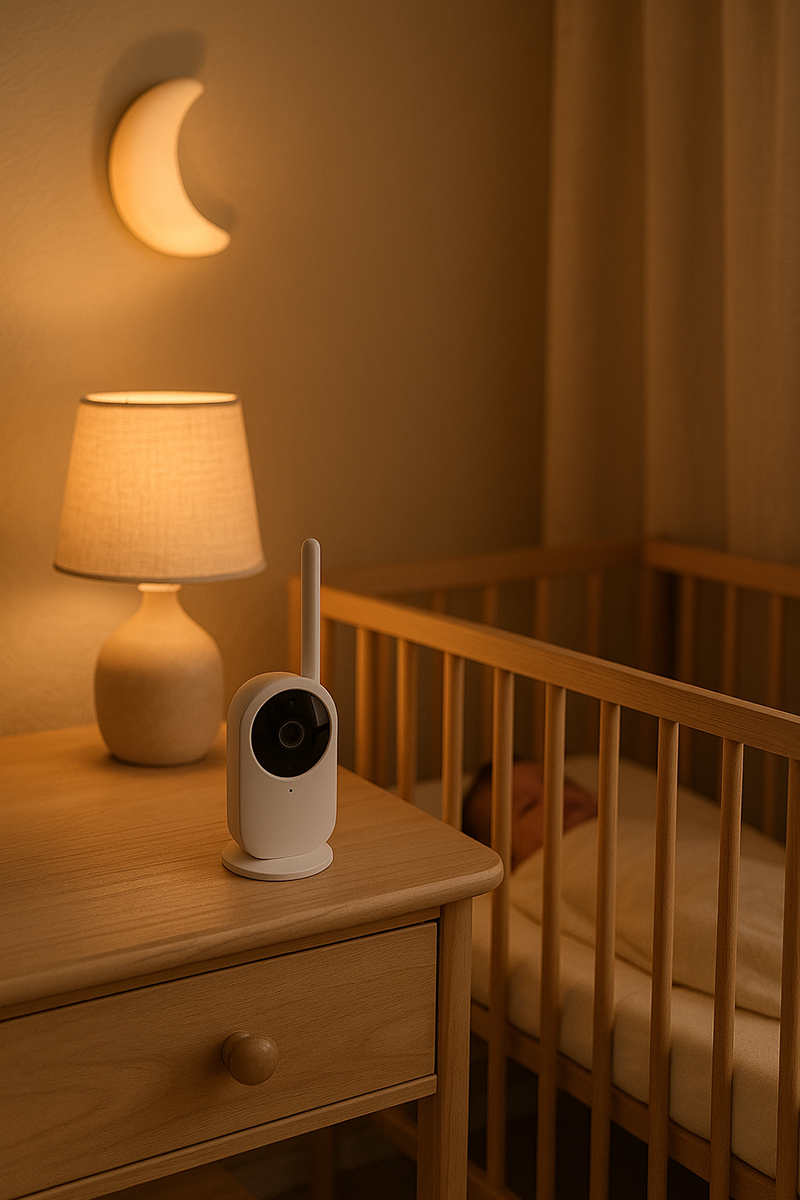 Softly lit warm nursery with a baby monitor placed safely on a dresser and a gentle night-light near the crib