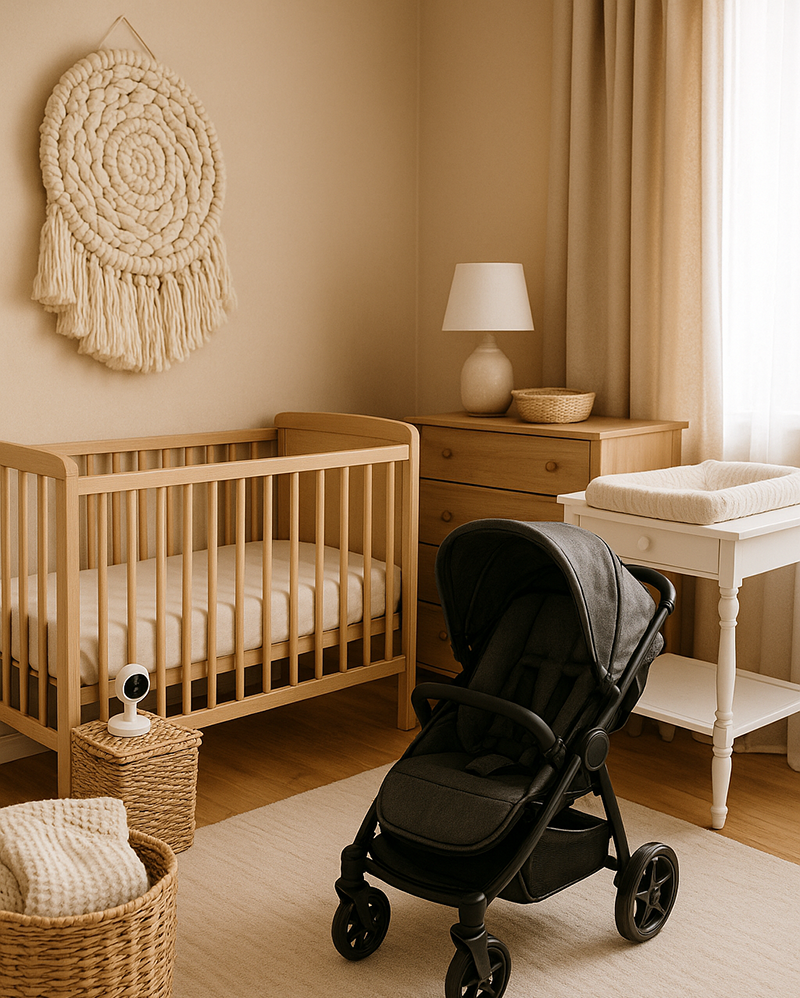 Cozy warm nursery with a baby monitor placed beside a crib for added safety