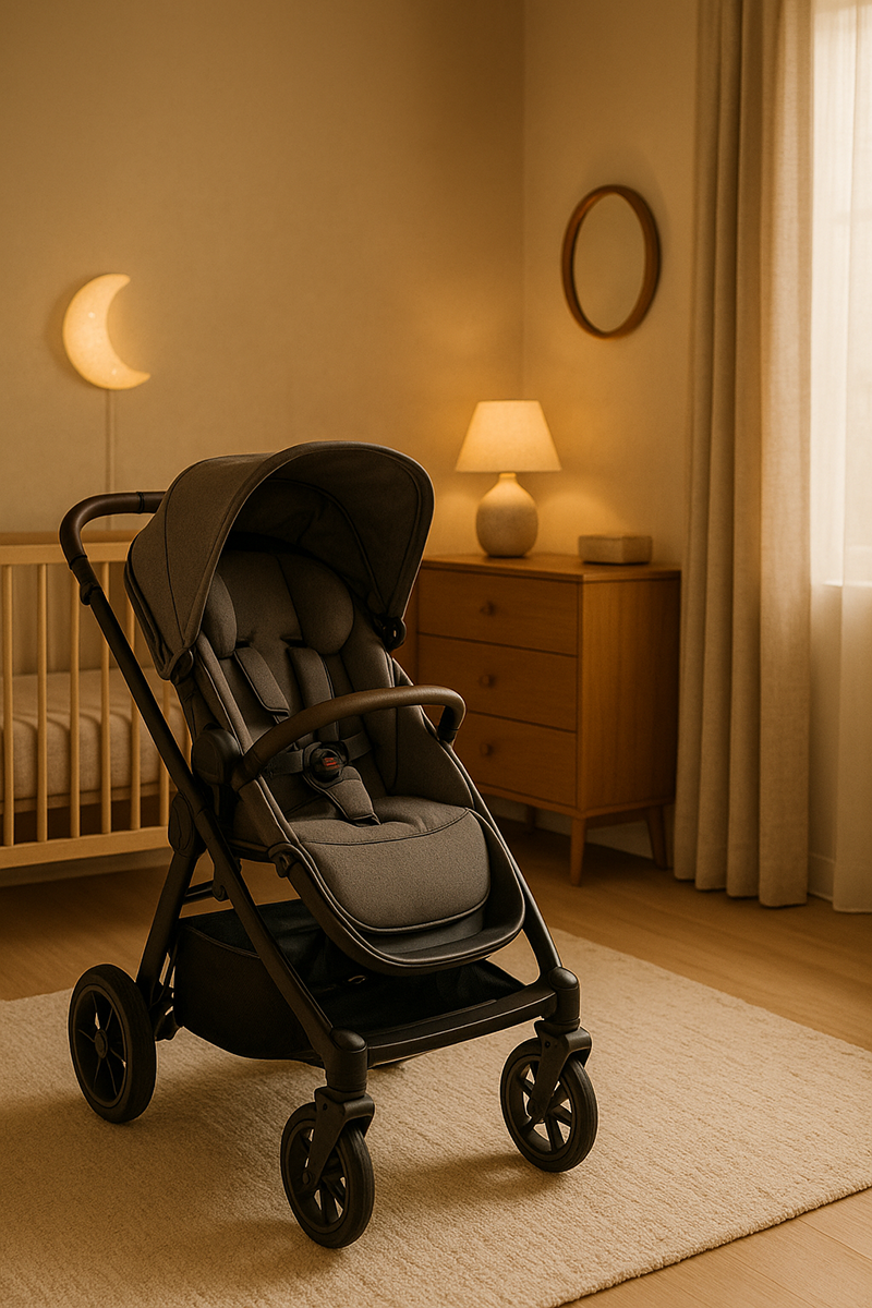 Warm, softly lit nursery showing a stable stroller with a five-point harness and balanced under-seat storage
