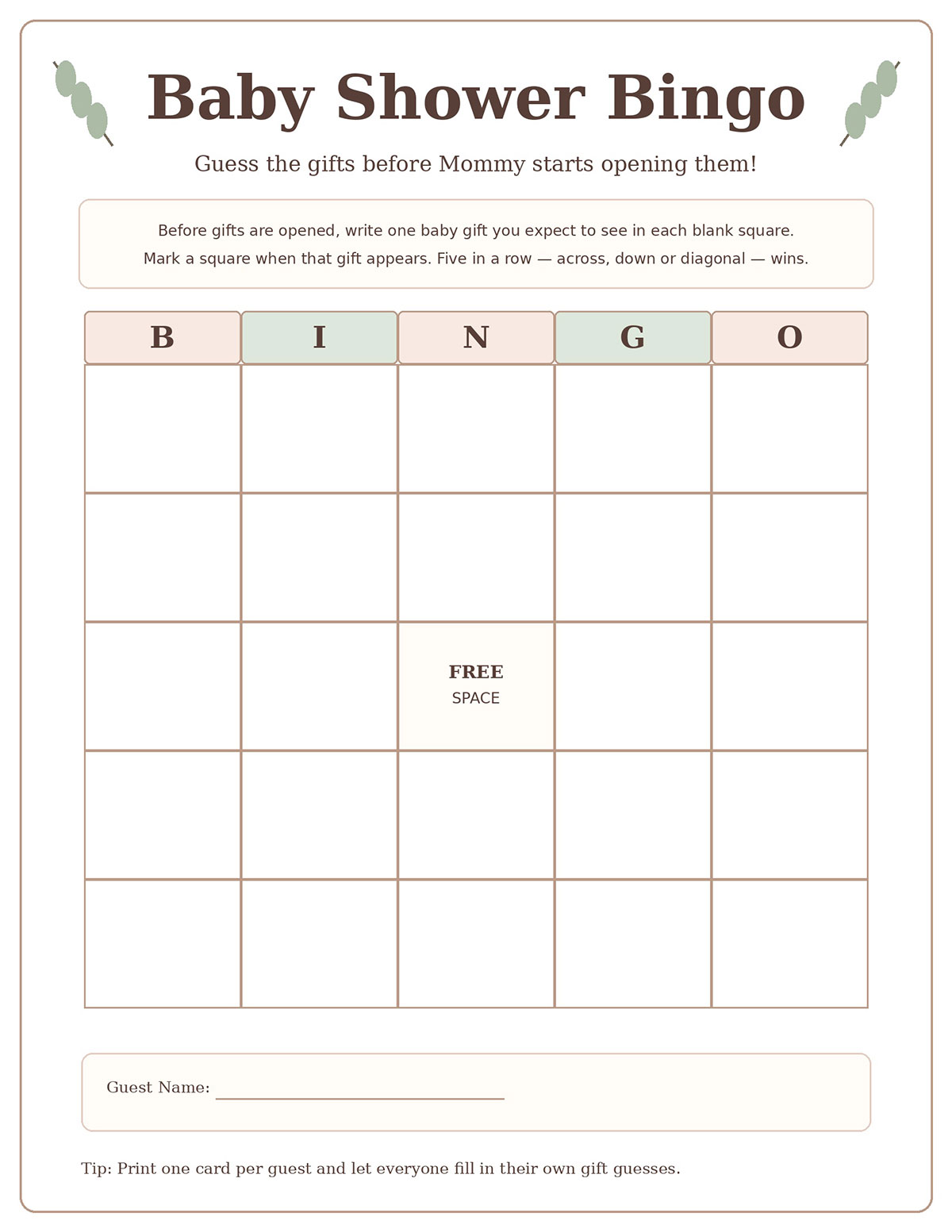 Free Baby Shower Bingo printable with blank gift prediction squares and a center free space