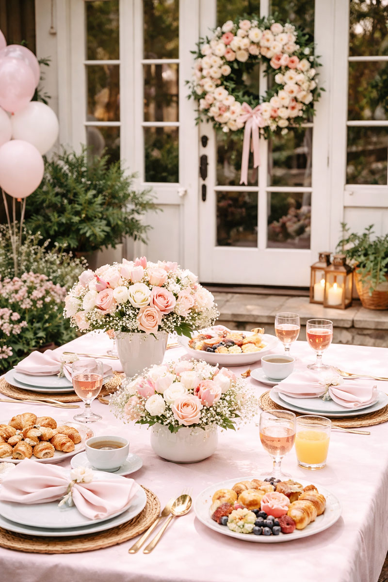 Simple baby shower brunch decor with flowers, plates and light table styling