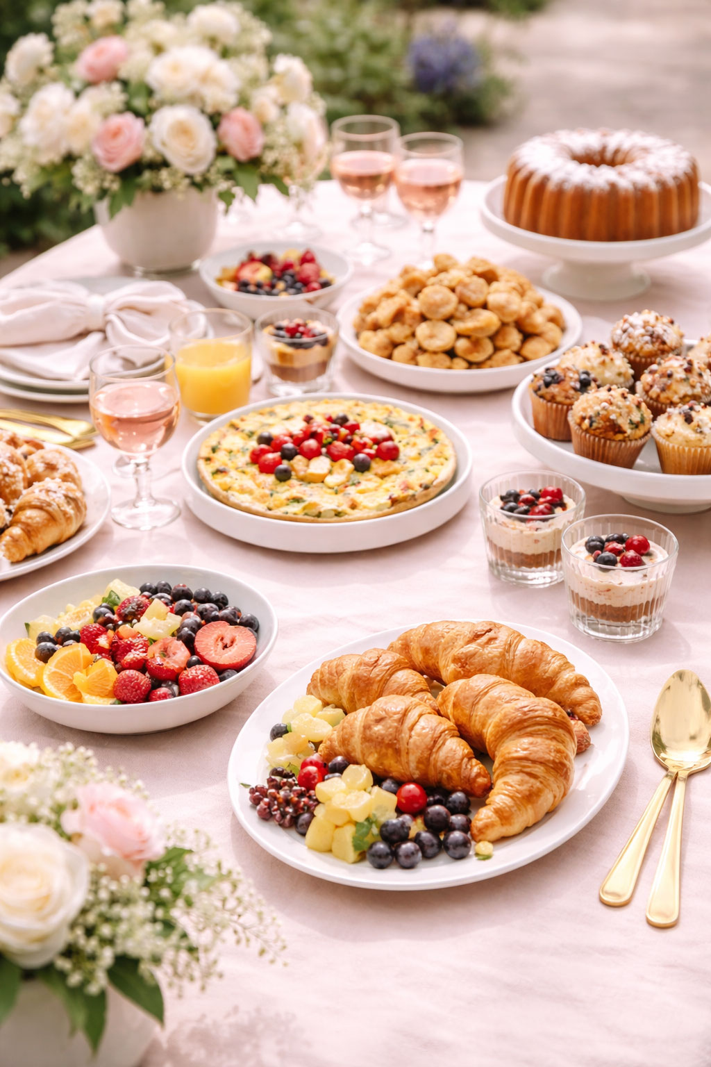 Baby shower brunch food spread with muffins fruit quiche and breakfast dishes