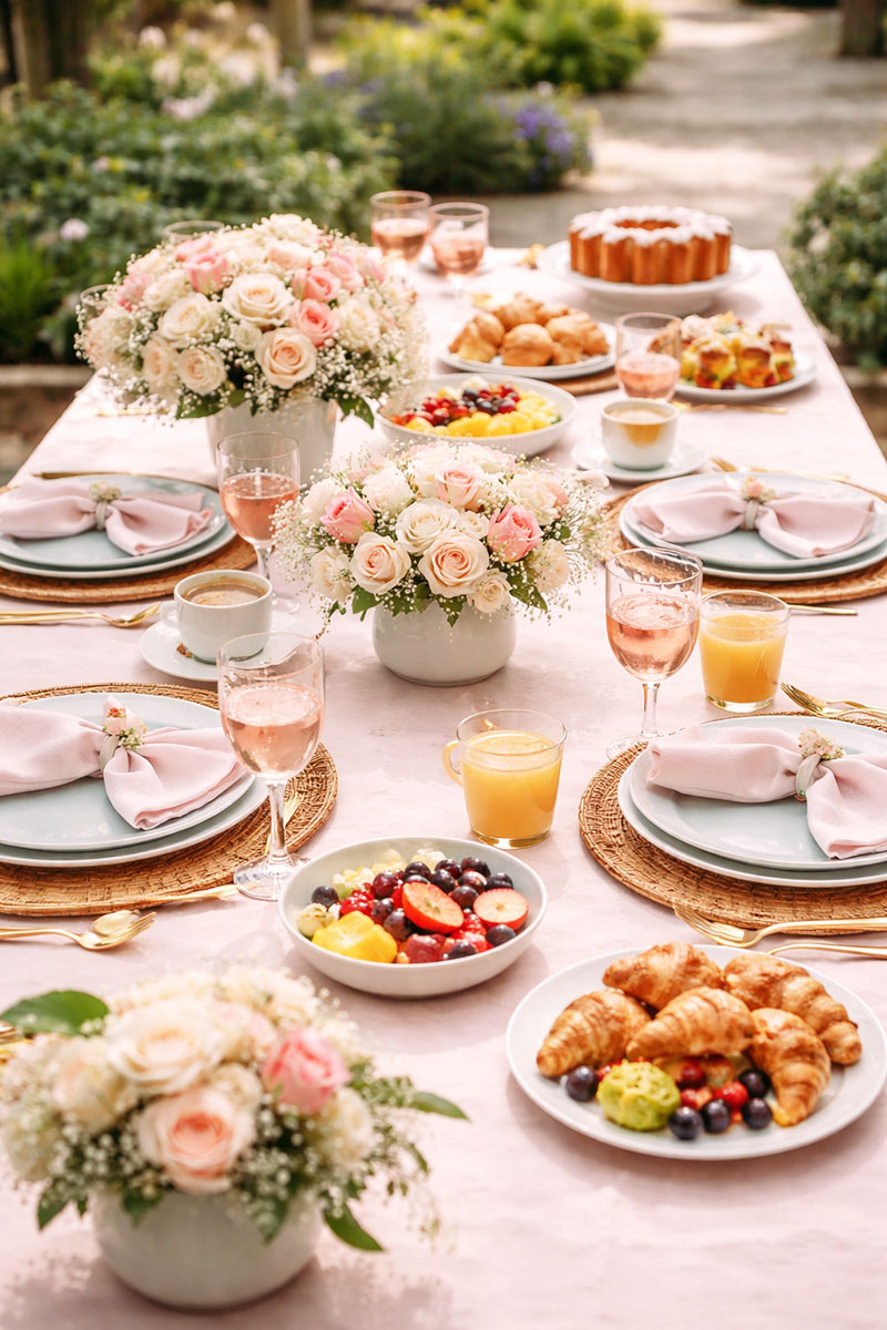 Baby shower brunch table with pastries, fruit, flowers and soft pastel table setting