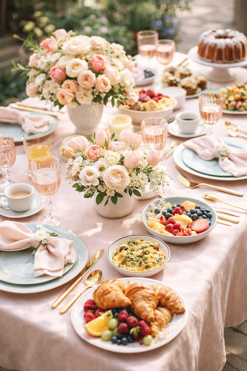 Baby shower brunch table with flowers, pastries, fruit, and soft pastel place settings