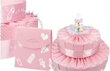 Pink baby shower favor cake for a girl with duck and rattle theme favor boxes