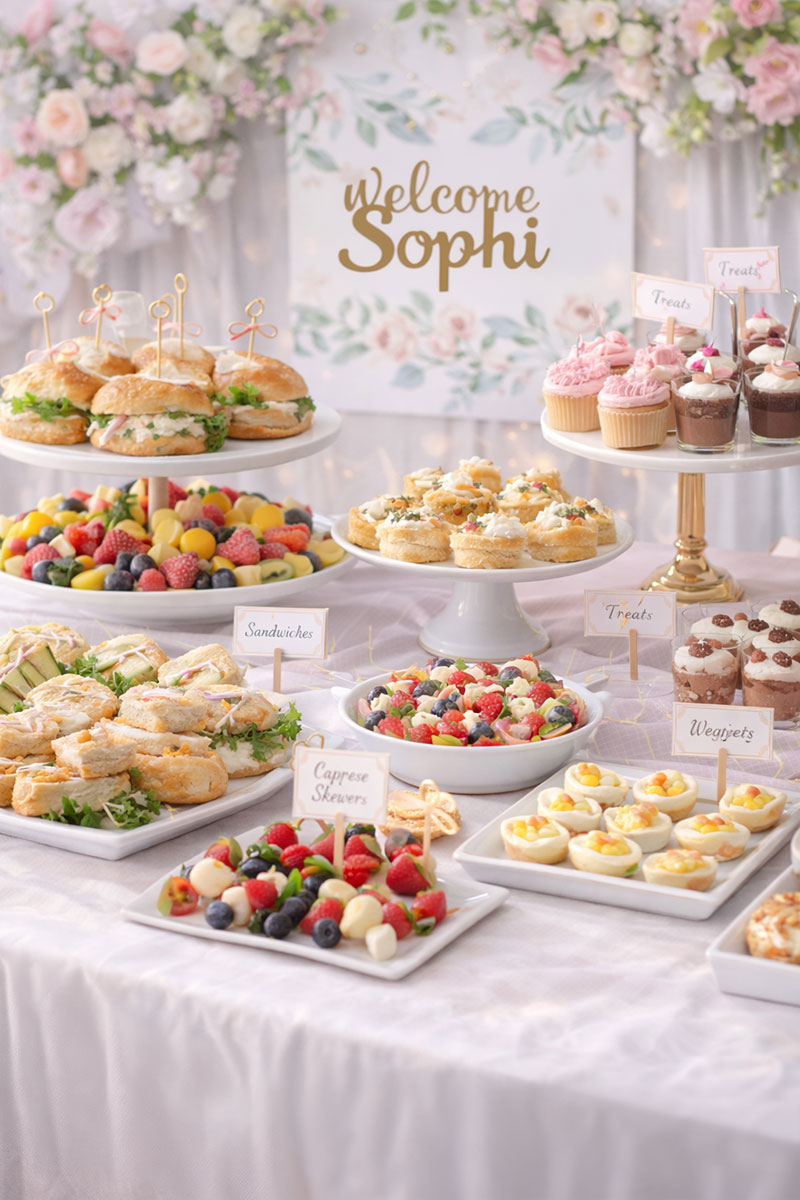 Baby shower finger foods including mini sandwiches, fruit skewers, pastries, and bite-size appetizers on white platters