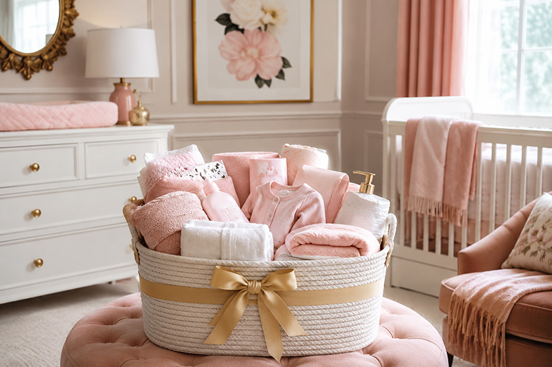 Baby shower gift basket ideas with useful newborn gifts arranged in a keepsake basket
