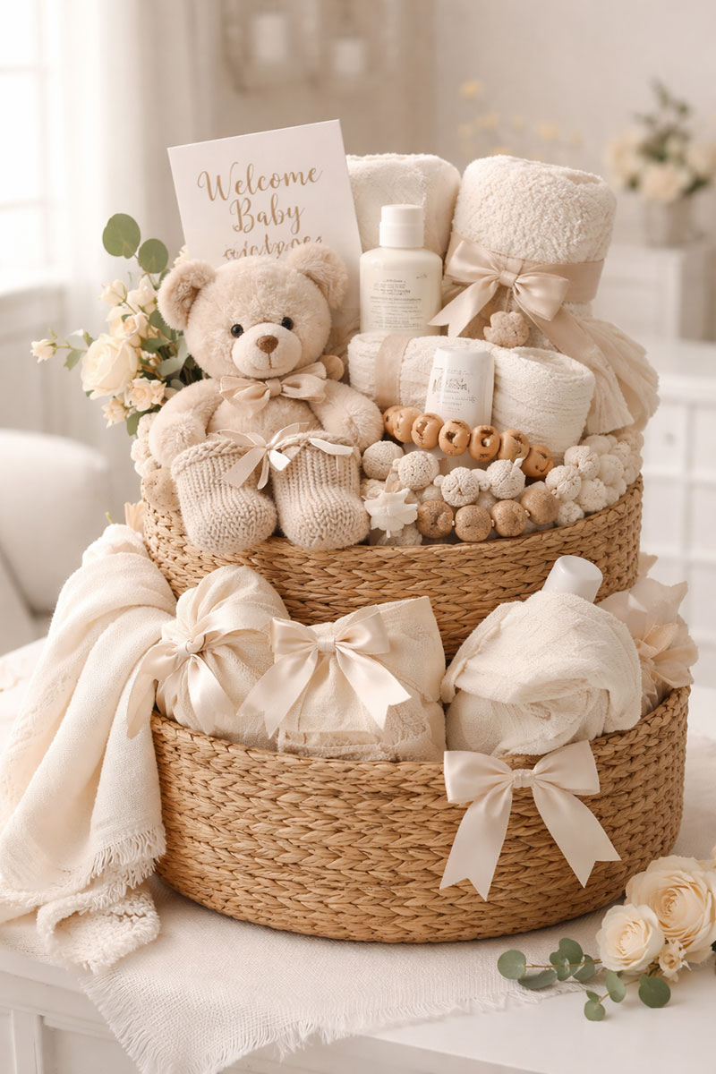 Neutral baby shower gift basket with practical baby essentials