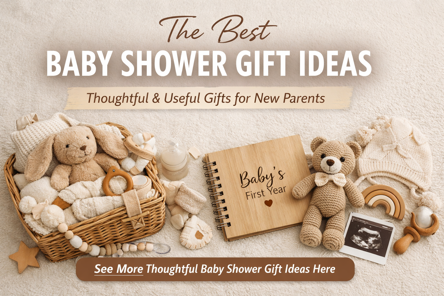 Thoughtful and unique baby shower gift ideas displayed on a decorated table with neutral baby items and handmade details