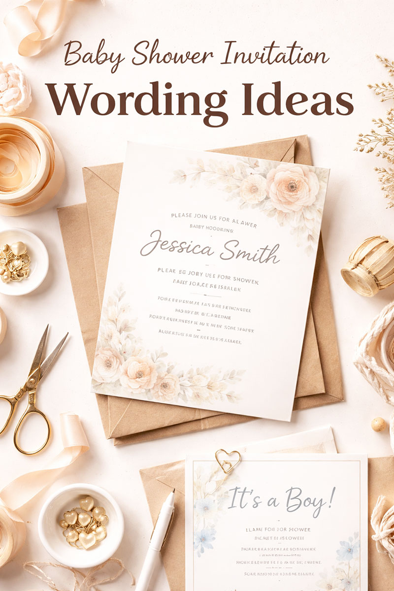 Baby shower invitation wording ideas shown with soft neutral invitation stationery and envelopes