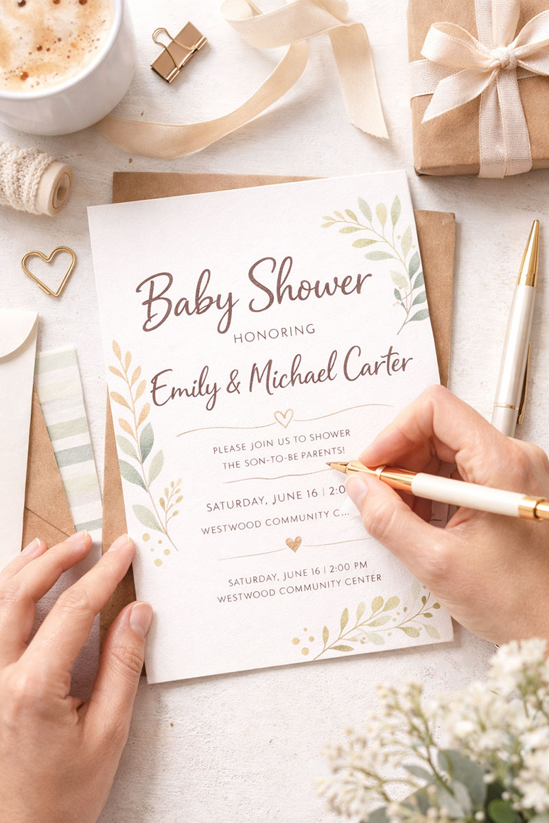 Writing desk with baby shower invitation wording drafts and envelope addressing example
