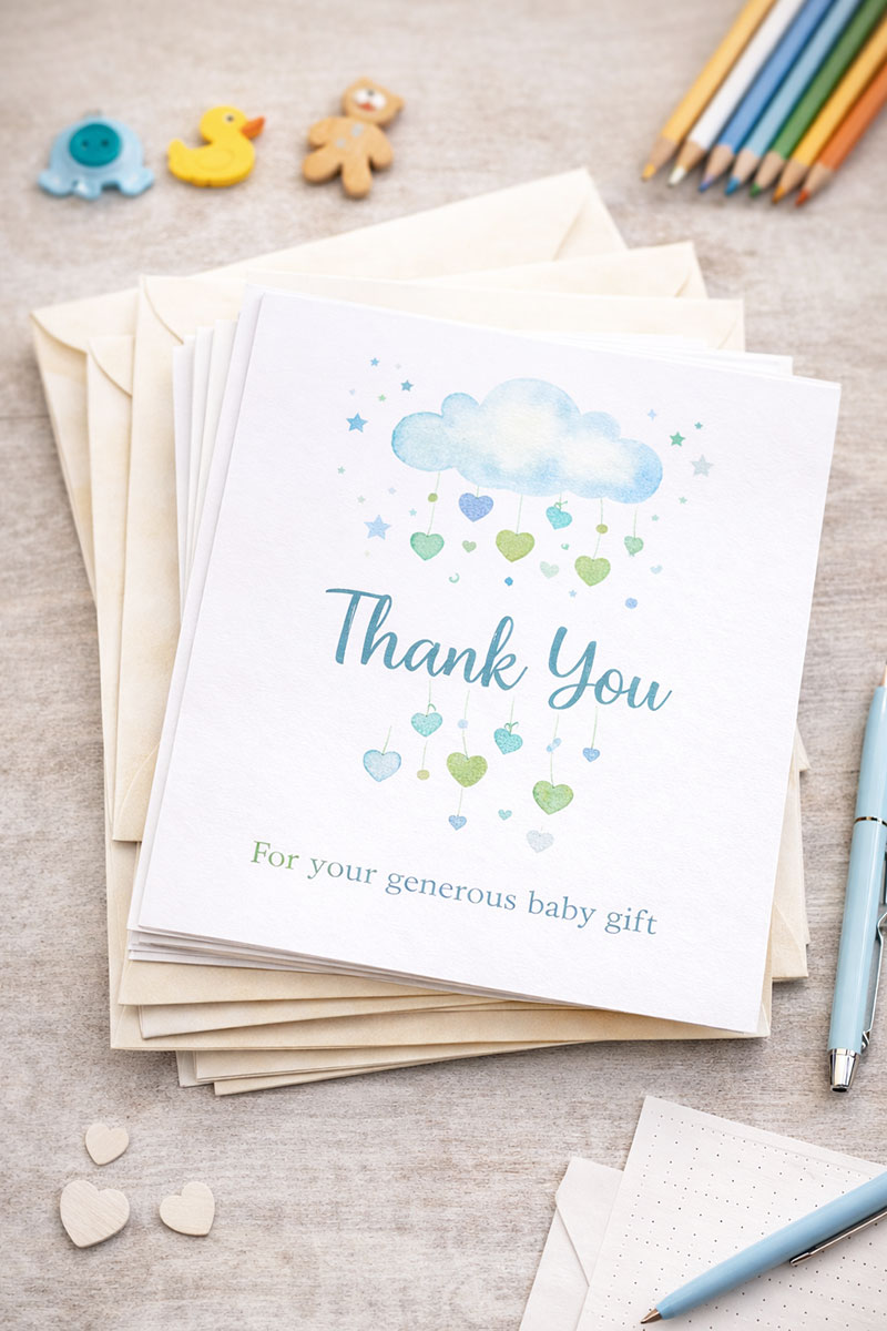 Baby shower thank you cards stacked with addressed envelopes on a clean table after the party