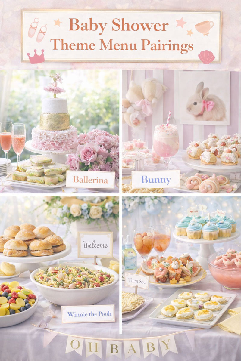 Baby shower theme food display with elegant desserts, tea sandwiches, and coordinated tableware for different party styles