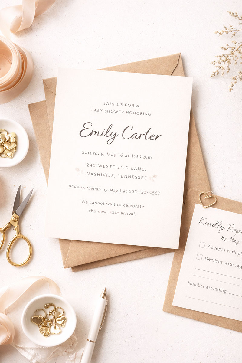 Baby shower invitation wording example shown on a card with envelope and RSVP details