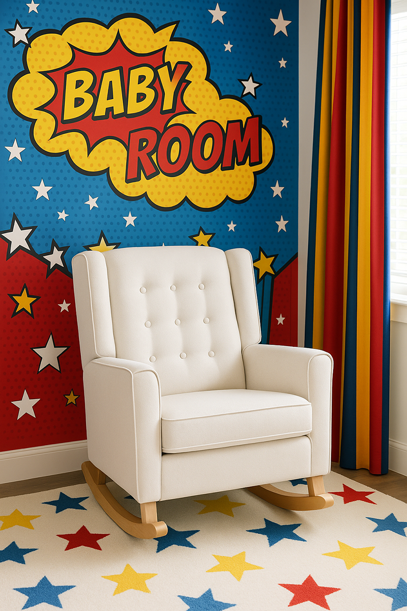superhero nursery with baby room wall art and modern white rocking chair on a star rug