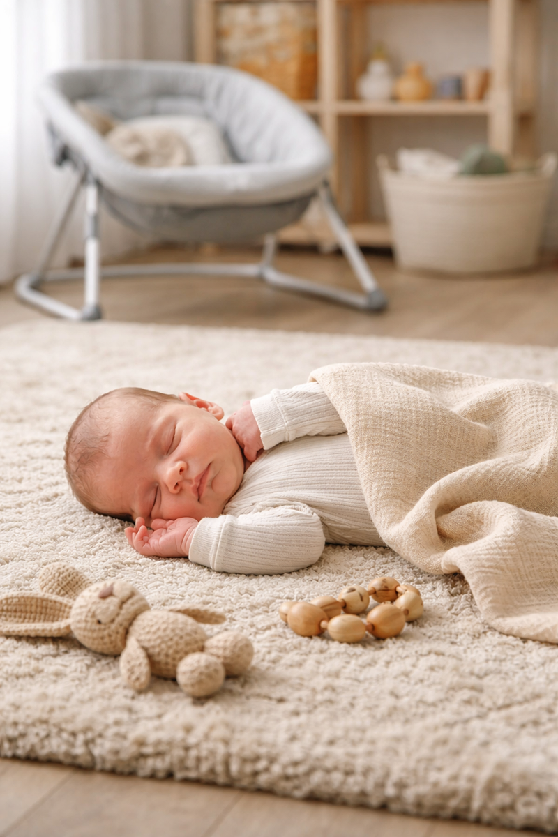 Newborn baby resting calmly without using a swing or bouncer