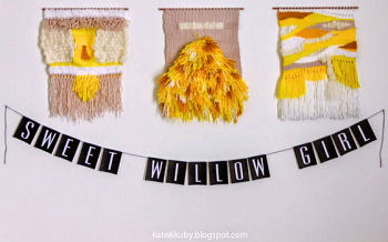 Homemade woven wall decor and baby girl name banner