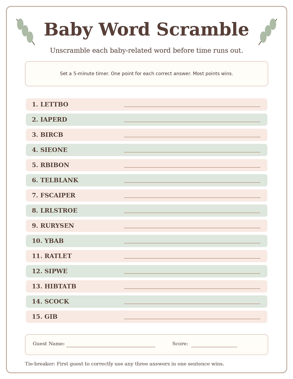 Free Baby Word Scramble printable baby shower game with 15 baby-related scrambled words