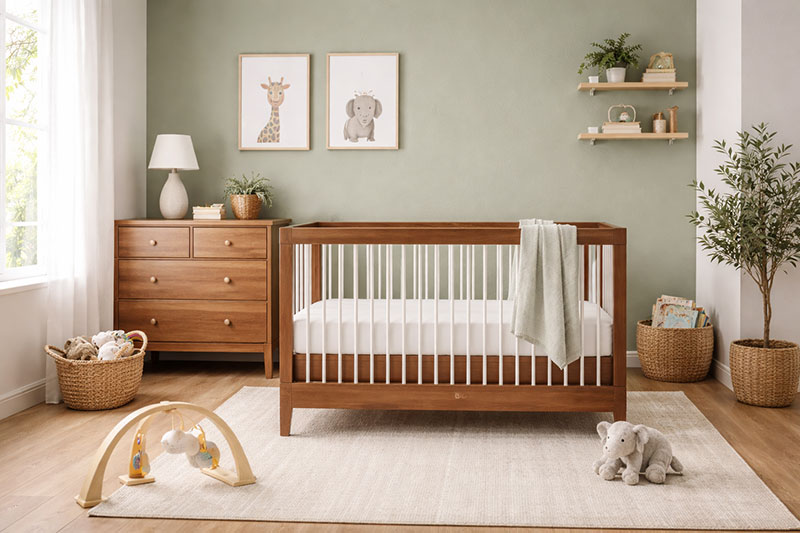 Side view of a modern nursery with a Babyletto crib and minimal decor