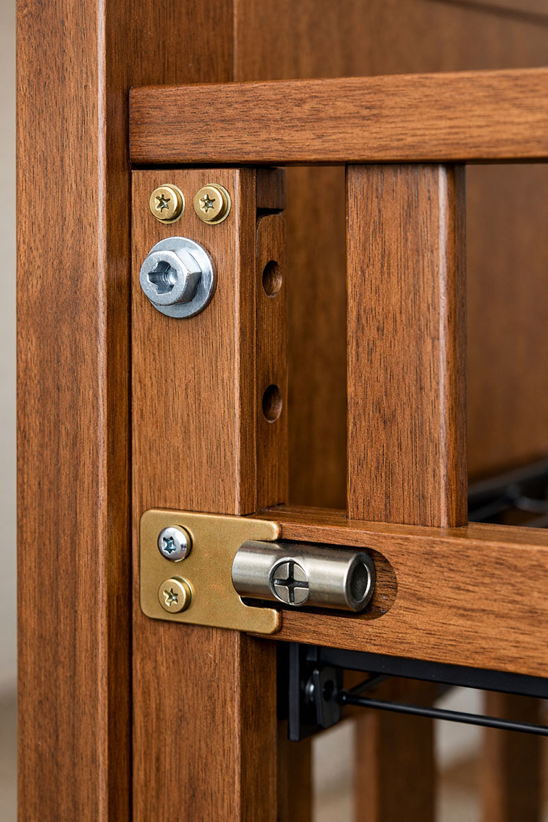 Close view of Baby’s Dream crib frame hardware and fastener placement for reference