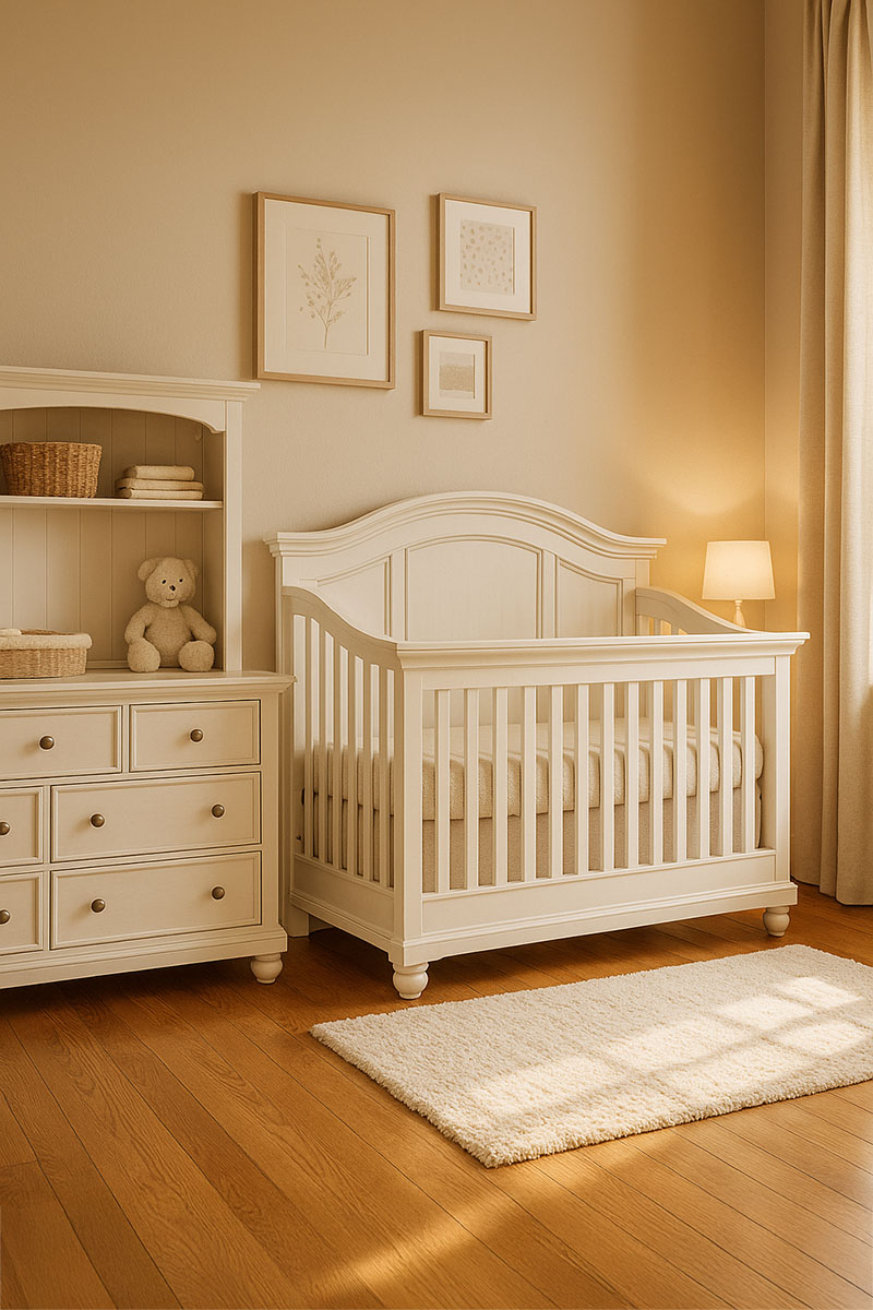 Baby’s Dream crib in a warm neutral nursery with classic wood design and modern storage accents