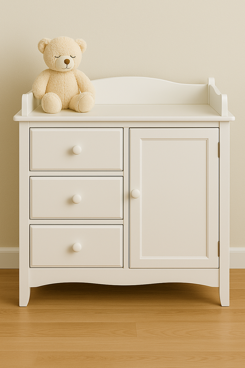Baby’s Dream dresser and combo unit displaying matching hardware elements