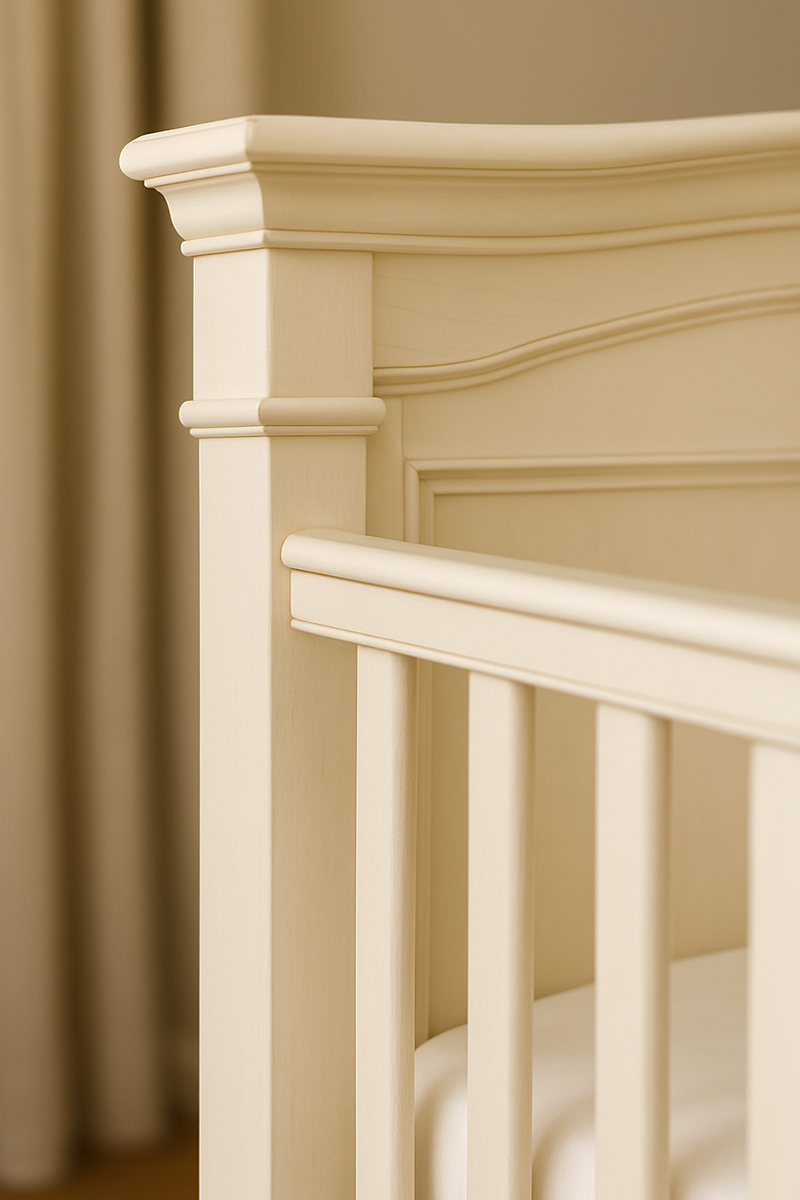 Close-up of Baby’s Dream crib frame and molding details used for model identification reference