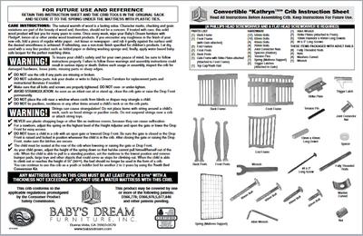 Baby's Dream Kathryn Crib model KACRPAM Owners Manual Assembly Instructions Parts Diagram