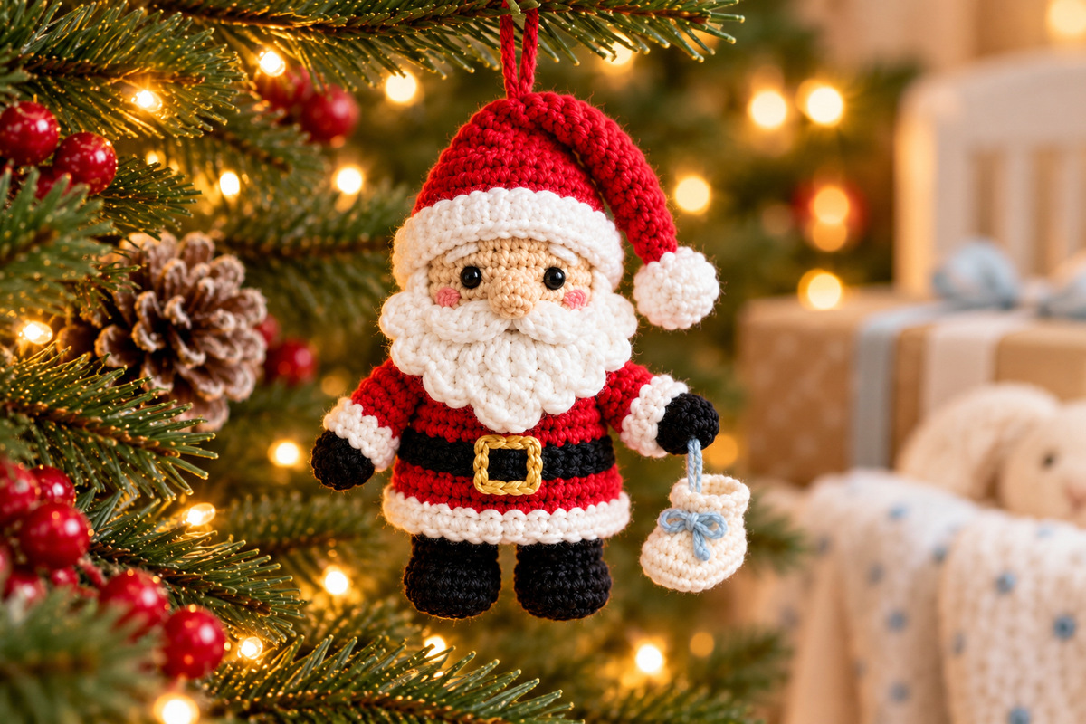 Baby's first Christmas crochet Santa ornament with floppy red hat white beard black boots and tiny ivory baby bootie hanging from his mitten by a pale blue string