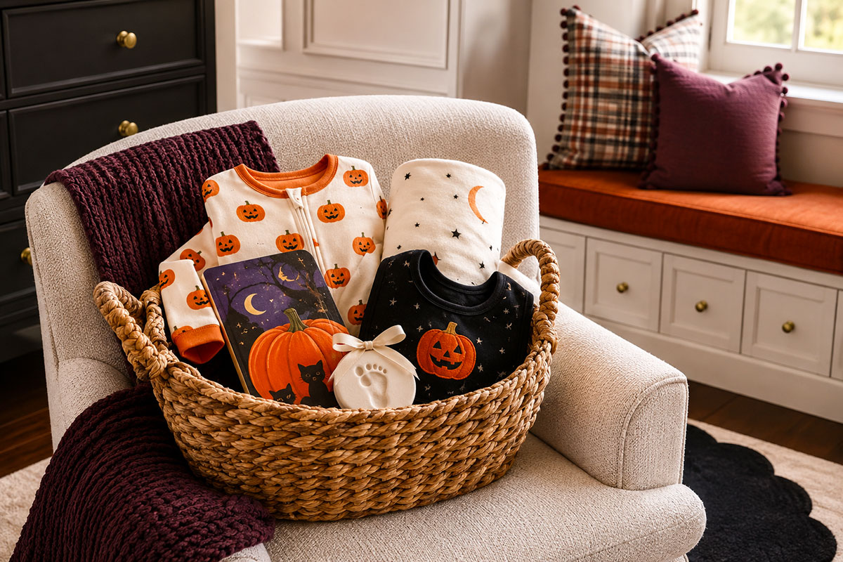 First Halloween baby boo basket with a pumpkin sleeper, board book, rolled blanket, bib and small keepsake arranged in a woven basket